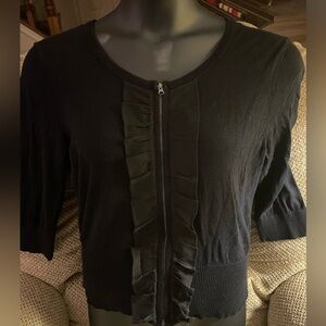 Ruffled Zip-Front Black Sweater - Elle Brand - Size Large
